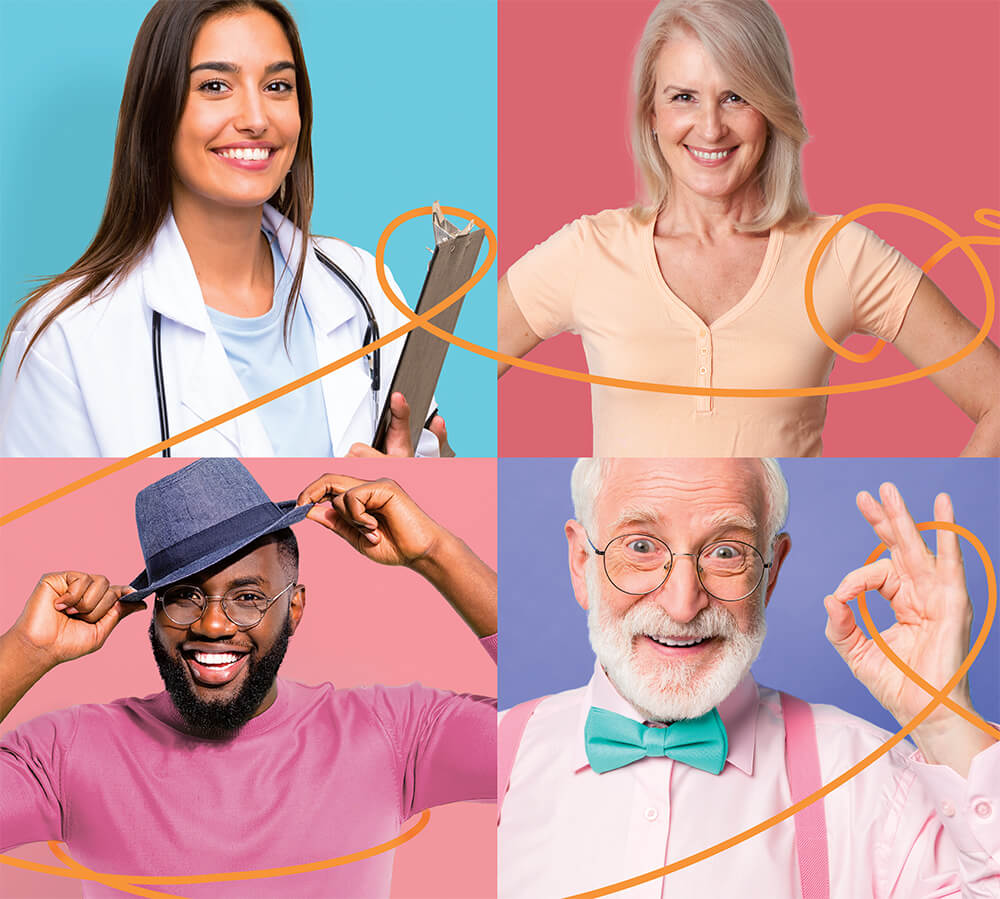 Four people (a doctor, a patient, a young man and an older man) connected by a single orange thread